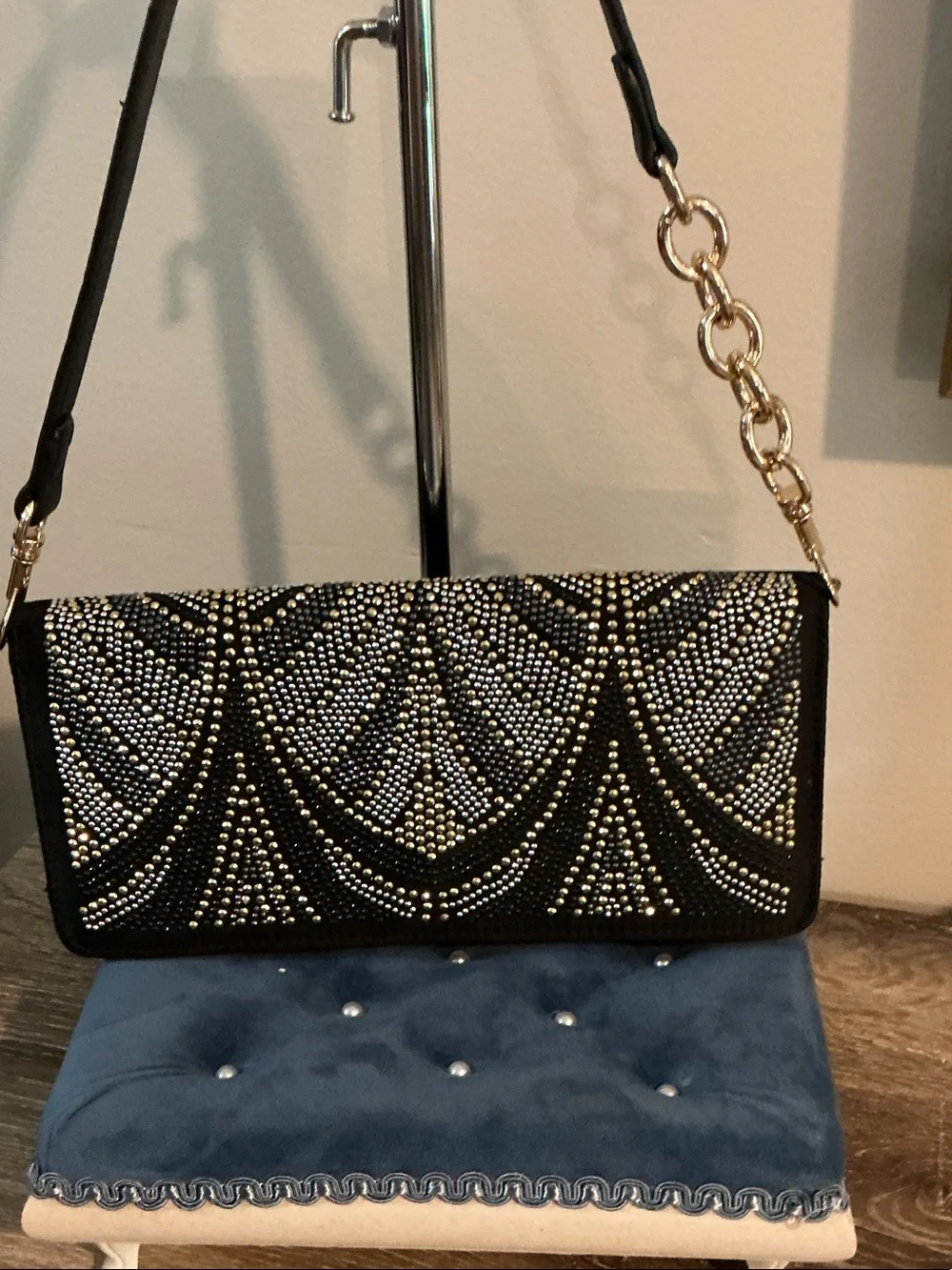 White House Black Market Black Silver Gold Beaded Clutch Shoulder Bag EUC - Picture 2 of 6
